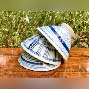 3 Vintage Porcelain Japanese Rice Soup Drink Bowls Cups Blue White Mix Pattern